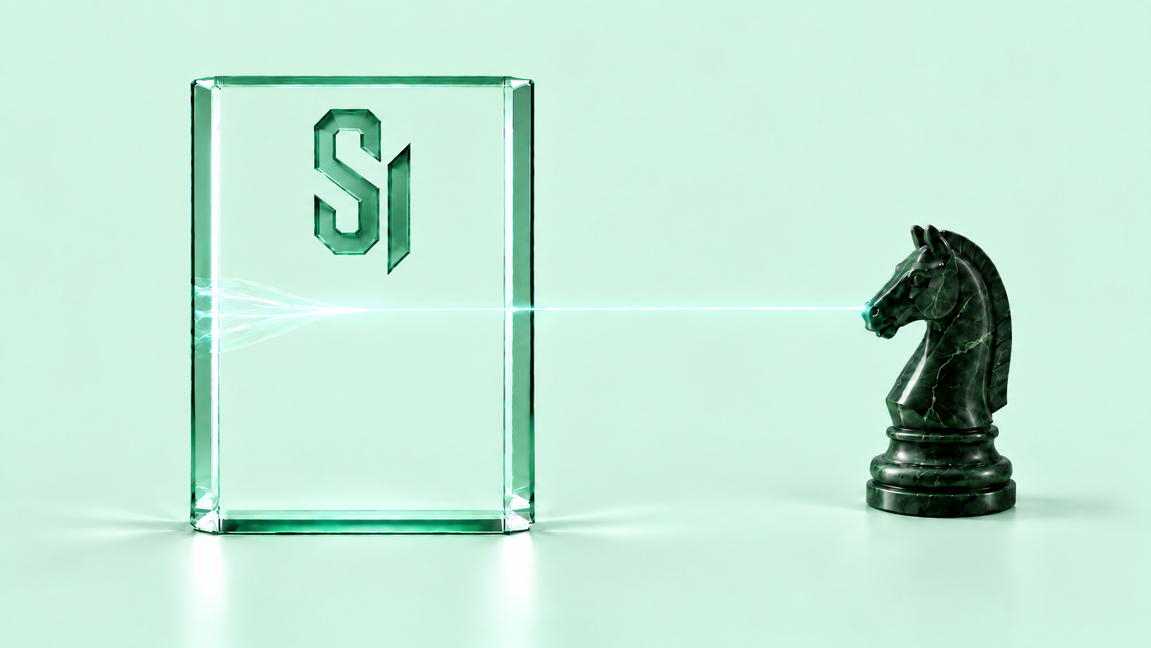 A translucent emerald SI monogram engraved into a clear glass sales brief; a straight beam connects the brief to an emerald knight representing your winning strategy.